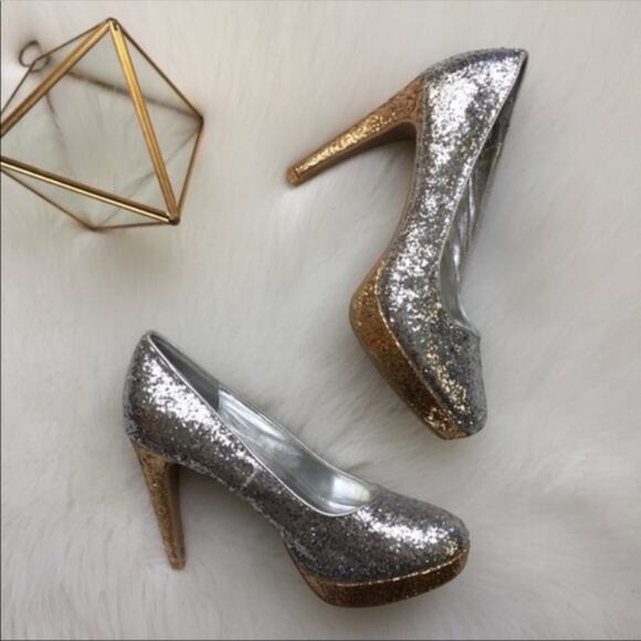 Silver & Gold Glitter Platform Heels Prom Costume - Picture 1 of 7